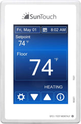 SunTouch Command Touchscreen Programmable Thermostat [universal] Model 500850 (low-profile, user-friendly floor heat control, 120/240V, bright white + paintable beauty ring) includes floor sensor