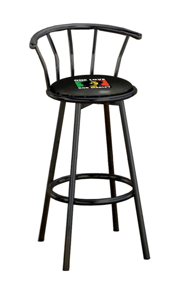 The Furniture King Bar Stool 29 Tall Black Metal Finish with a Music Themed Decal (Bob Marley – Black)
