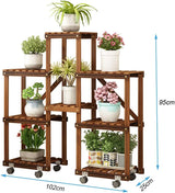 Storage Shelves Flower Pot Holder Wooden Shelving Plant Display Stand Carbonized Potted Rack 5 Tier with Wheels Floor Shelf for Indoor Outdoor Garden Decoration