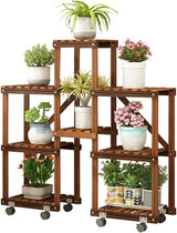 Storage Shelves Flower Pot Holder Wooden Shelving Plant Display Stand Carbonized Potted Rack 5 Tier with Wheels Floor Shelf for Indoor Outdoor Garden Decoration