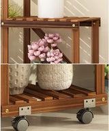 Storage Shelves Flower Pot Holder Wooden Shelving Plant Display Stand Carbonized Potted Rack 5 Tier with Wheels Floor Shelf for Indoor Outdoor Garden Decoration
