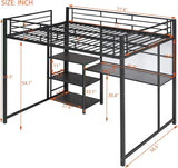 Full Size Metal Loft Bed with Desk, Whiteboard and 3-layer Shelves, Heavy Duty Loftbed w/Storage and Built-in Ladder, for Kids Teens Bedroom Dorm, Black