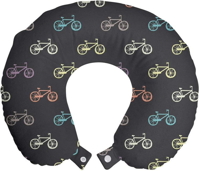 Ambesonne Bicycle Travel Pillow Neck Rest, Biking Theme Cycling Outdoors Travelling Colorful and Retro on a Dark Background, Memory Foam Traveling Accessory for Airplane and Car, 12, Multicolor