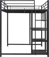 Full Size Metal Loft Bed with Desk, Whiteboard and 3-layer Shelves, Heavy Duty Loftbed w/Storage and Built-in Ladder, for Kids Teens Bedroom Dorm, Black