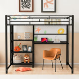 Full Size Metal Loft Bed with Desk, Whiteboard and 3-layer Shelves, Heavy Duty Loftbed w/Storage and Built-in Ladder, for Kids Teens Bedroom Dorm, Black