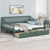 Full Size Wooden Daybed with 2 Storage Drawers and Wood Support Legs, Multi-Functional Full Day Bed wtih Rails on 3 Sides for Bedroom, Living Room and Guestroom, Green